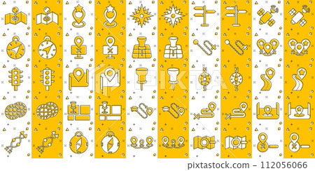 Navigation icon set in comic style. Gps direction cartoon vector illustration on white isolated background. Locate pin position splash effect business concept. Navigation icon set in comic style. Gps direction cartoon vector illustration on white isolated background. Locate pin position splash effect business concept. 112056066