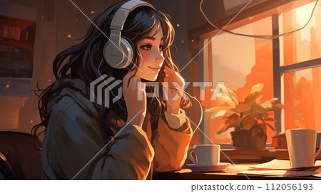 illustration for lofi social media channel , girl drink coffee illustration for lofi social media channel , girl drink coffee 112056193