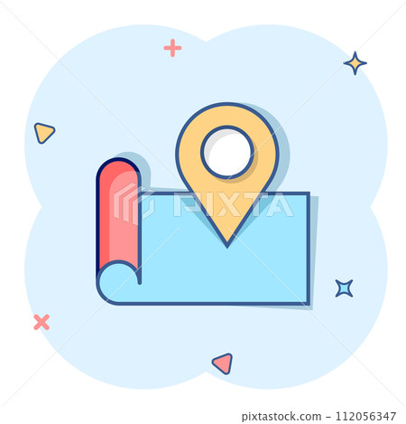 Map pin icon in comic style. GPS navigation cartoon vector illustration on white isolated background. Locate position splash effect business concept. Map pin icon in comic style. GPS navigation cartoon vector illustration on white isolated background. Locate position splash effect business concept. 112056347