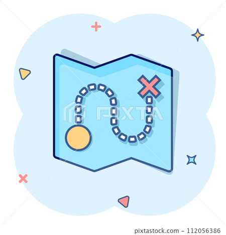 Map pin icon in comic style. GPS navigation cartoon vector illustration on white isolated background. Locate position splash effect business concept. 112056386