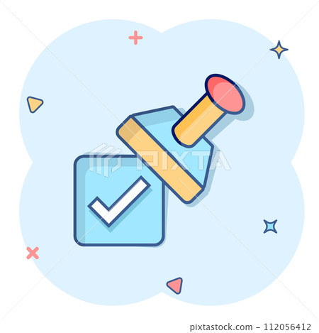 Approve stamp icon in comic style. Accept check mark cartoon vector illustration on white isolated background. Approval choice splash effect business concept. Approve stamp icon in comic style. Accept check mark cartoon vector illustration on white isolated background. Approval choice splash effect business concept. 112056412