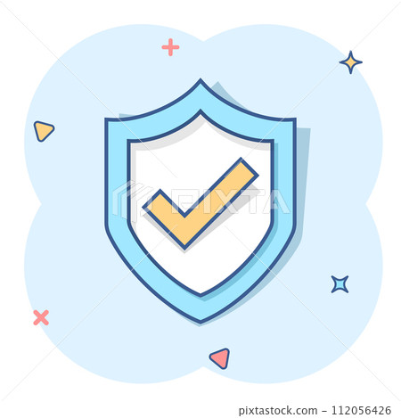 Shield with check mark icon in comic style. Protect cartoon vector illustration on white isolated background. Checkmark guard splash effect business concept. Shield with check mark icon in comic style. Protect cartoon vector illustration on white isolated background. Checkmark guard splash effect business concept. 112056426