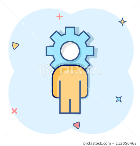 People with gear icon in comic style. Person cogwheel cartoon vector illustration on white isolated background. Teamwork splash effect business concept. People with gear icon in comic style. Person cogwheel cartoon vector illustration on white isolated background. Teamwork splash effect business concept. 112056462