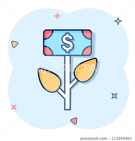 Growth profit icon in comic style. Flower with money cartoon vector illustration on white isolated background. Increase splash effect business concept. Growth profit icon in comic style. Flower with money cartoon vector illustration on white isolated background. Increase splash effect business concept. 112056463