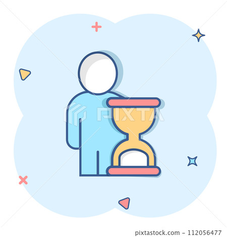 People and clock icon in comic style. User time cartoon vector illustration on white isolated background. Businessman splash effect business concept. 112056477