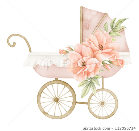 Watercolor Baby Pram with rose flowers in vintage style. Retro kid Stroller in cute pastel pink and beige colors. Cute carriage for children. Hand drawn illustration of perambulator for newborn party. Watercolor Baby Pram with rose flowers in vintage style. Retro kid Stroller in cute pastel pink and beige colors. Cute carriage for children. Hand drawn illustration of perambulator for newborn party. 112056734