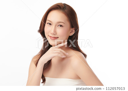 Beautiful young asian woman with clean fresh skin on white background, Face care, Facial treatment, Cosmetology, beauty and spa, Asian women portrait. Beautiful young asian woman with clean fresh skin on white background, Face care, Facial treatment, Cosmetology, beauty and spa, Asian women portrait. 112057013