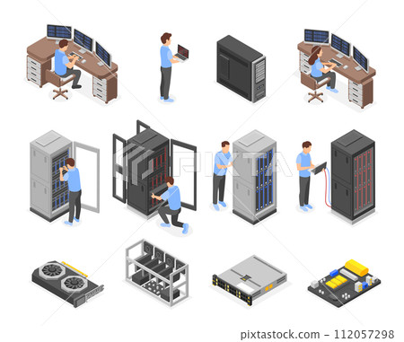 Isometric engineers characters. Data center workers and network administrators. Cloud servers equipment, computers and tools, flawless vector set 112057298