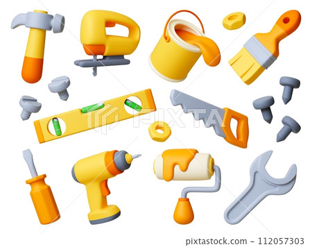 Realistic 3d repair icons. Renovation work tools and equipment. Screw, nail and paints, brush, roller and drill. Isolated construction pithy vector elements Realistic 3d repair icons. Renovation work tools and equipment. Screw, nail and paints, brush, roller and drill. Isolated construction pithy vector elements 112057303