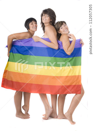 group of women in love with lesbian rainbow flag group of women in love with lesbian rainbow flag 112057305