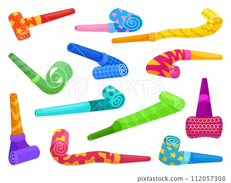 Birthday celebrating accessories, cartoon blowers. Blower or whistle for fans, childish festive sound toys. Blowing elements, neoteric vector set Birthday celebrating accessories, cartoon blowers. Blower or whistle for fans, childish festive sound toys. Blowing elements, neoteric vector set 112057308