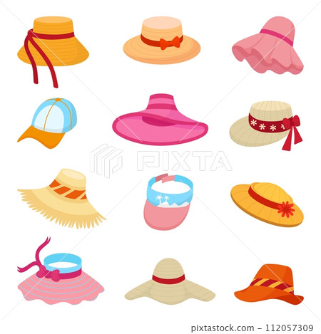 Cartoon female beach hats. Textile straw hat for rest and agriculture work. Summer women cap for walking and sunbathe, neoteric vector clipart Cartoon female beach hats. Textile straw hat for rest and agriculture work. Summer women cap for walking and sunbathe, neoteric vector clipart 112057309