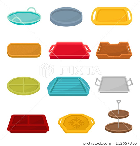Cartoon trays. Isolated empty meal tray, equipment for canteen, cafeteria or restaurant. Wooden, plastic and metal kitchen neoteric vector elements Cartoon trays. Isolated empty meal tray, equipment for canteen, cafeteria or restaurant. Wooden, plastic and metal kitchen neoteric vector elements 112057310