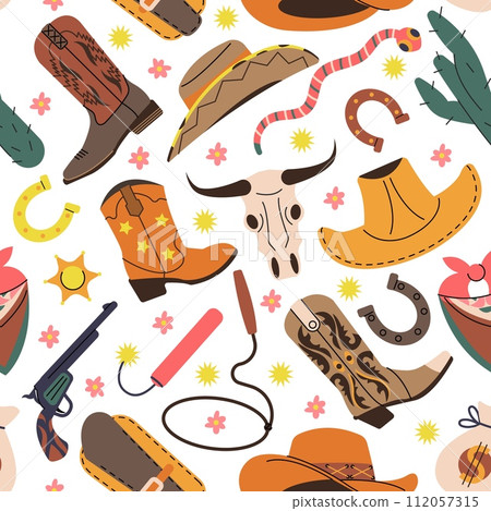 Stylish cowboy seamless pattern. Horseshoe, boots and hats wild west style. Fashion western rodeo print design. Decorative decent vector background Stylish cowboy seamless pattern. Horseshoe, boots and hats wild west style. Fashion western rodeo print design. Decorative decent vector background 112057315