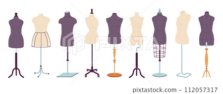Tailor mannequins. Isolated unisex, female and male dummies. Equipment for fashion design and home needlework. Various body on stands, decent vector set 112057317
