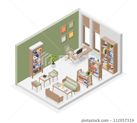 Isometric library interior. Reading club or bookstore. Room with bookshelves, chairs and desk. School or university, flawless vector scene 112057319