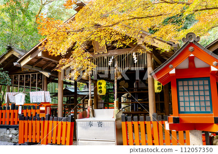 Nonomiya Shrine (God of matchmaking) in Saga Nonomiya-cho, Ukyo-ku, Kyoto City, worship hall and autumn leaves 112057350