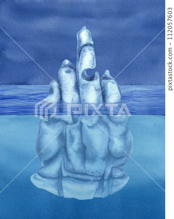 Watercolor blue iceberg and seascape for template, clipart for winter holidays, New Year, Earth Day, Marine and Ocean life, for scrapbook, stickers, cards, borders, frames 112057603