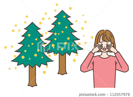 A cedar tree scattering cedar pollen and a woman with itchy eyes due to hay fever A cedar tree scattering cedar pollen and a woman with itchy eyes due to hay fever 112057978