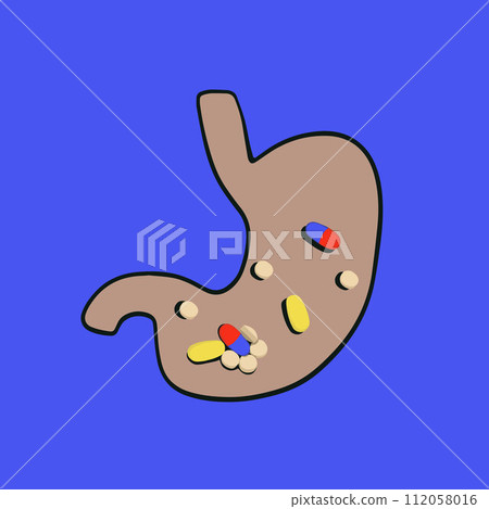 Vector isolated illustration of human stomach with pills and capsules in it. Probiotics to restore the microflora of the stomach. A picture of a stomach with probiotics. Vector isolated illustration of human stomach with pills and capsules in it. Probiotics to restore the microflora of the stomach. A picture of a stomach with probiotics. 112058016