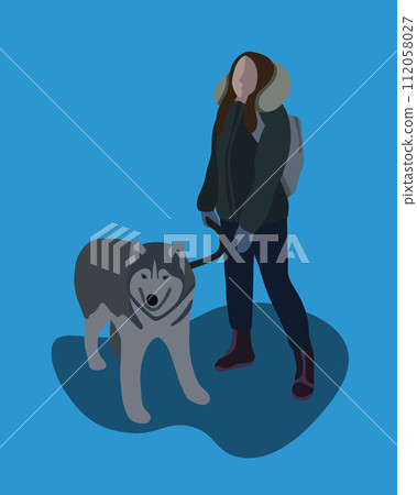 Vector isolated illustration of a girl walking a dog in winter. 112058027