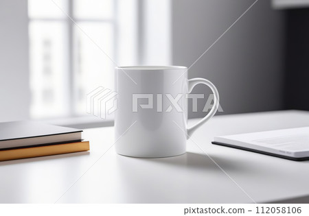 Mug Mock-Up. Blank white 11 oz ceramic cup is on a desk, office interior blurred background. Great for overlaying your custom quotes and designs for selling mugs. Notebooks on wooden table indoors. 112058106