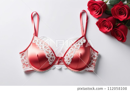 Red lacy lingerie on white background. Sexy bra, panties flat lay, top view. Horizontal banner with copy space for text. No people. Fashion lingerie set, essential accessory and stylish underwear. 112058108