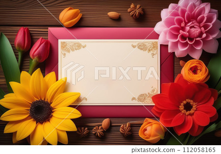 Blank empty cardstock sheet Invitation without text, invitation mockup. Dry pampas, yellow flowers, brown desk. Flat lay, top view. Paper card floral mock up. Modern colorful business brand template. 112058165