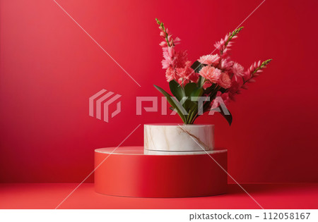 Empty round red podium. Fresh white, pink color flowers in vase around. Abstract geometrical form. Cylinder marble sphere, shadow. Red background. Trendy showcase, display case. Place for showing 112058167