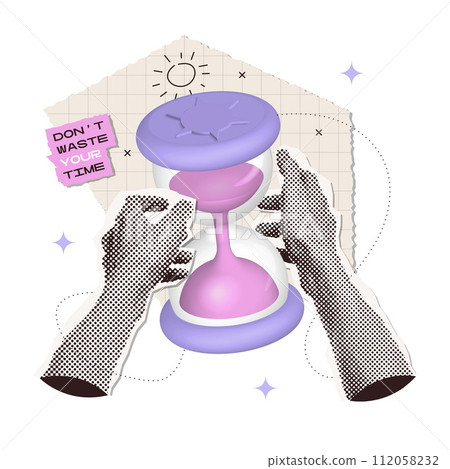 Don t waste my time and deadline time concept. Two hands halftone dotted collage element holding 3d render hourglass for mixed media design vintage dotted pop art style. Vector grunge punk crazy art. 112058232