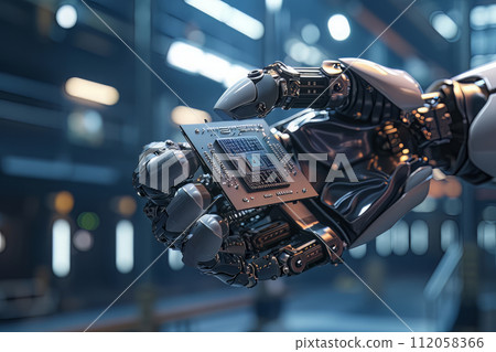 Futuristic Android robot holding advanced processor chip, a concept of big data and AI Futuristic Android robot holding advanced processor chip, a concept of big data and AI 112058366