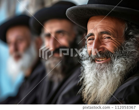 Smiling jews Jewish orthodox men dressed in black clothes and hats 112058367