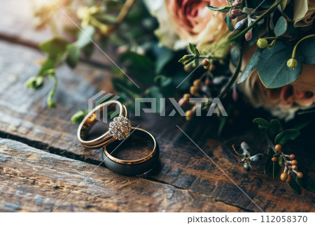 Diamond wedding rings jewelry and flowers bouquet for the wedding engagement and honeymoon 112058370