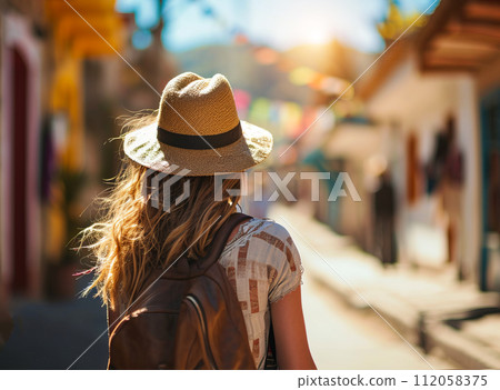 Younge female traveler on the streets of Cuzco, Peru, discovering historic center and landmarks Younge female traveler on the streets of Cuzco, Peru, discovering historic center and landmarks 112058375