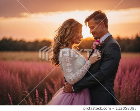 Affectionate romantic couple hugging at sunset during honeymoon in wedding dress Affectionate romantic couple hugging at sunset during honeymoon in wedding dress 112058385