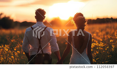 Affectionate romantic couple hugging at sunset during honeymoon in wedding dress Affectionate romantic couple hugging at sunset during honeymoon in wedding dress 112058397