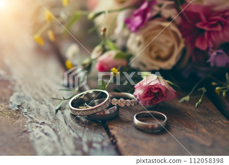Diamond wedding rings jewelry and flowers bouquet for the wedding engagement and honeymoon Diamond wedding rings jewelry and flowers bouquet for the wedding engagement and honeymoon 112058398