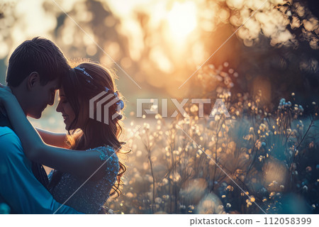 Affectionate romantic couple hugging at sunset during honeymoon in wedding dress Affectionate romantic couple hugging at sunset during honeymoon in wedding dress 112058399