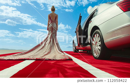 Celebrity woman in long fashionable luxury gown walking on a red carpet to celebrity gala event 112058422