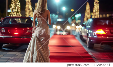 Celebrity woman in long fashionable luxury gown walking on a red carpet to celebrity gala event 112058441