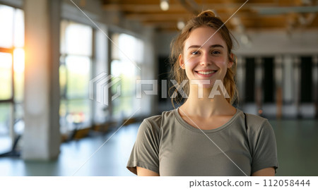 Yoga instructor in class for flexible yoga poses and mindful spiritual meditation relaxation 112058444