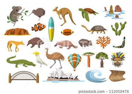 Australia illustrations. Native items collection kangaroo bumerang flag recent vector pictures of australia Australia illustrations. Native items collection kangaroo bumerang flag recent vector pictures of australia 112058478