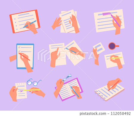 Hands with notes. People managers writing notes on different papers planners and notepads exact vector concept illustrations 112058492