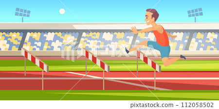 Runner olympic games sport active person running and jumping barrier 112058502