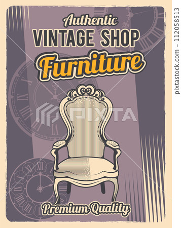 Furniture poster vintage old style retro placard with armchair in luxury style Furniture poster vintage old style retro placard with armchair in luxury style 112058513