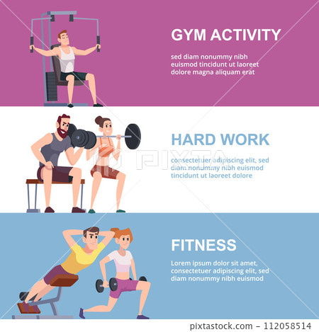 Fitness activities banners gym athletes making exercises Fitness activities banners gym athletes making exercises 112058514