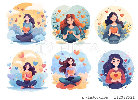 AI-generated content. Happy woman with heart, feeling self love, harmony, positive emotion and compassion. Self care calm concepts, humanity self help. Peace cute girls feeling good. Cartoon vector 112058521