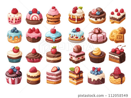 AI-generated content. Desserts in cartoon style, bright large set. Trendy colors, eclairs, macaroons, tiramisus, cupcakes, tarts, panna cotta, candy cakes, mousses, millie, brownies, cheesecake AI-generated content. Desserts in cartoon style, bright large set. Trendy colors, eclairs, macaroons, tiramisus, cupcakes, tarts, panna cotta, candy cakes, mousses, millie, brownies, cheesecake 112058549