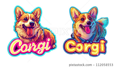 AI-generated content. Corgi dog vibrant stickers illustration. Cartoon realistic style, fun text in bright neon script font with glowing effect. Stamp logo design, isolated on white background 112058553
