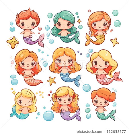 AI-generated content. Cartoon mermaids set. Mermaid girl, pretty girls. Magic underwater little queens, with bubbles and crowns, cute vector illustration isolated on white background 112058577